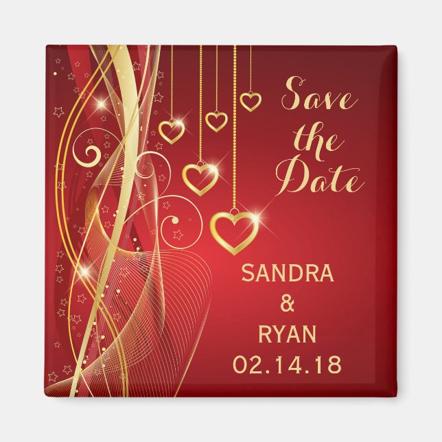 Spara datumet Bröllop Romantic Red Guld Hearts Magnet (Framsidan)