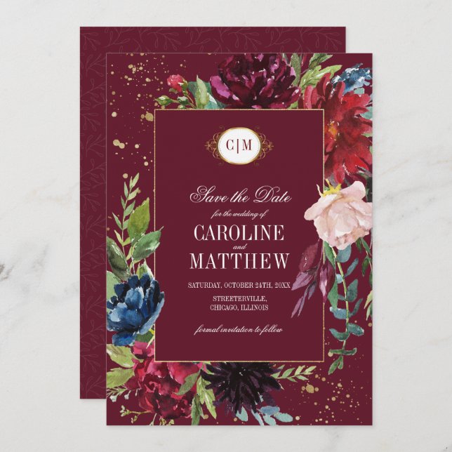 Spara datumet. Burgundy | Blåa Blommigten Bröllop Inbjudningar (Fram/baksida)