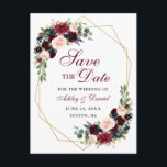 Spara datumet Burgundy Blue Blommigt Guld Ram Meddelande Vykort<br><div class="desc">Modern Elegant,  Watercolor Burgundy Marsala Blue Blommigt,  Guld Geometric Ram,  Save Date Förlovning Postcard</div>