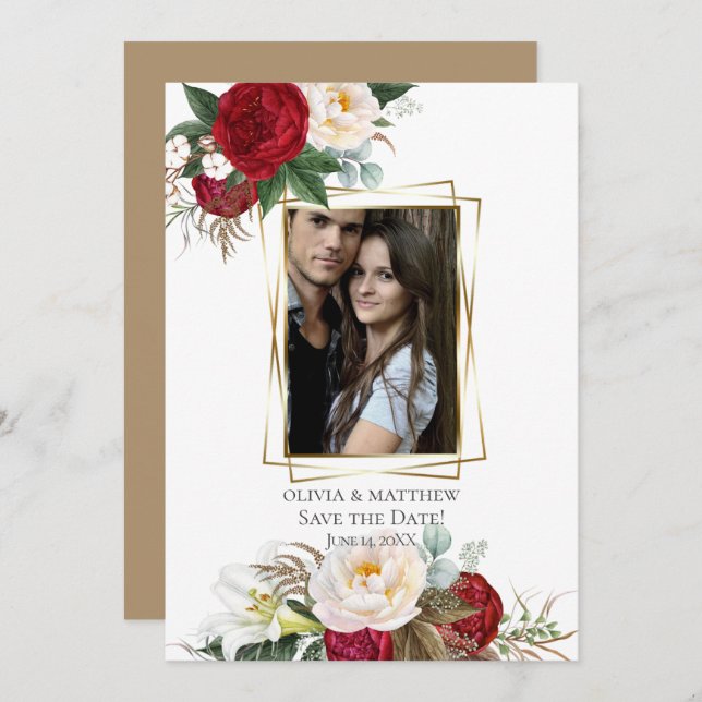 spara datumet | Burgundy Peony Blommigt Bouquets Inbjudningar (Fram/baksida)