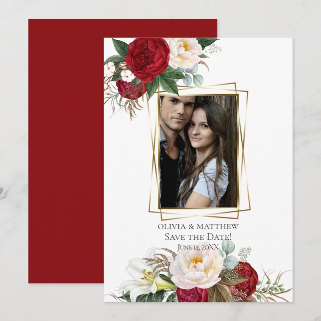 spara datumet | Burgundy Peony Blommigt Bouquets Inbjudningar (Fram/baksida)