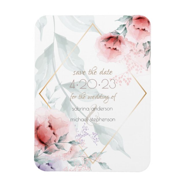 spara datumet | Coral/Lilac AQuarelle Peony Magnet (Vertikal)