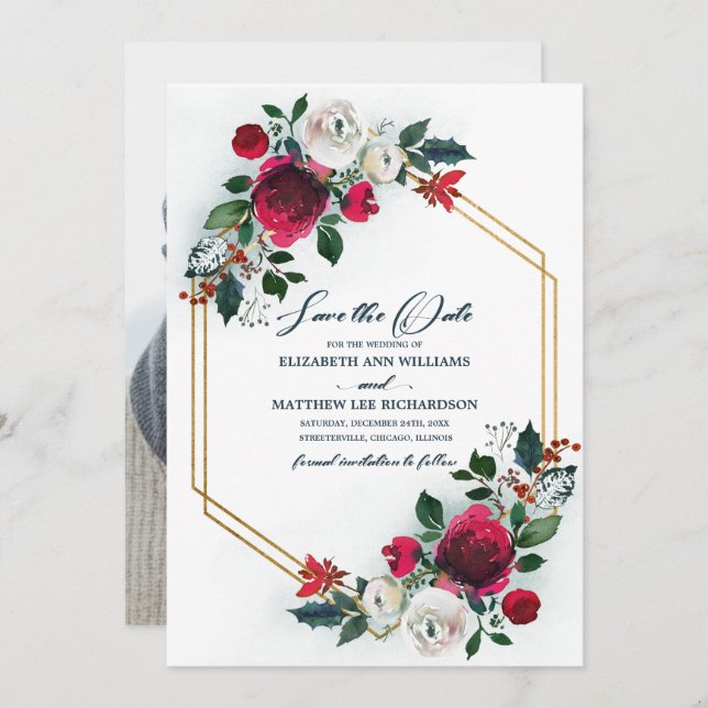 spara datumet. Dusty Blue | Burgundy Bröllop Photo Inbjudningar (Fram/baksida)