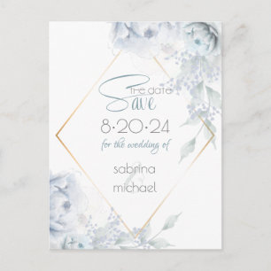 spara datumet Dusty Blue Watercolor Peonies Vykort
