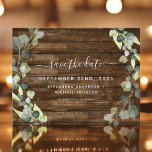Spara datumet Eucalyptus Greenery Rustic Wood Meddelande Vykort<br><div class="desc">Eucalyptus Greenery Succulent Botanical Watercolor Vår bröllop Spara datumkortet på Rustic Land Wood-bakgrunden - innehåller vacker och elegant manustypografi med modernt botaniskt löv och grön för den speciella Bröllopsdagen firande.</div>