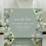 Spara datumet Eucalyptus Greenery Succulent Meddelande Vykort<br><div class="desc">Eucalyptus Greenery Succulent Botanical Watercolor Vår bröllop Spara datumkortet på vit bakgrund - innehåller vacker och elegant manustypografi med modernt botaniskt löv och grönt för den speciella Bröllopsdagen firande.</div>