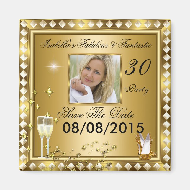 Spara datumet Fabulous 30 Photo Guld Glam Birthday Magnet (Framsidan)