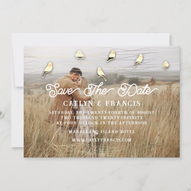 Spara datumet Faux Guld Kraft Foto Bird Woodland Inbjudningar (Framsida)