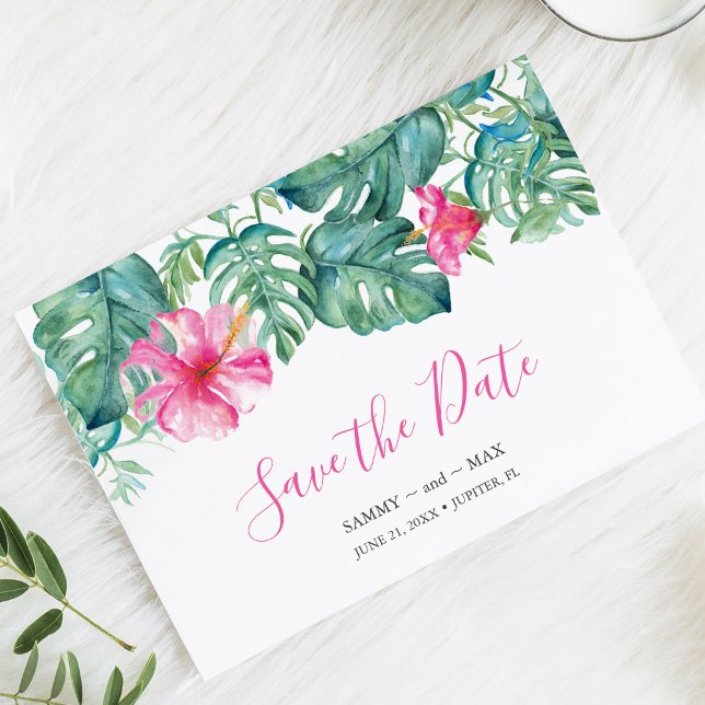 Spara datumet för Bröllop på ett tropiskt sätt (Tropical destination save the date for wedding. Hand painted watercolor art by Victoria Grigaliunas)