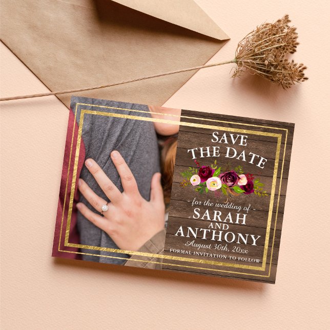 Spara datumet för Burgundy Blommigt Rustic Guld Ro (Skapare uppladdad)