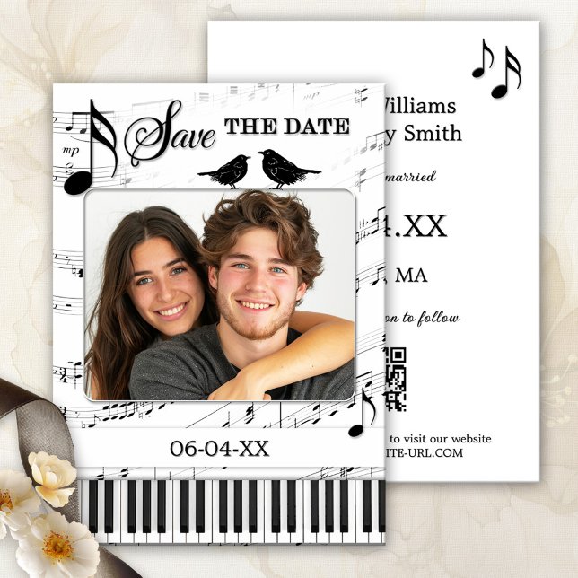 Spara datumet för det fina fotot med musiken svart meddelande (Funny and whimsical black and white Save the Date card with a music theme and custom photo)