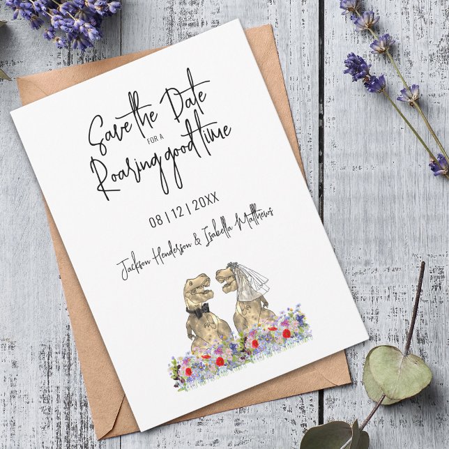 Spara datumet för en rolig och skrattretande dinos (Save the date for a roaring good time dinosaur wedding invitation Watercolor wildflower floral)