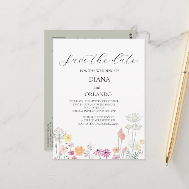 Spara datumet för färgämnet Vår Wildblomma Vykort (Fram/Back In Situ)