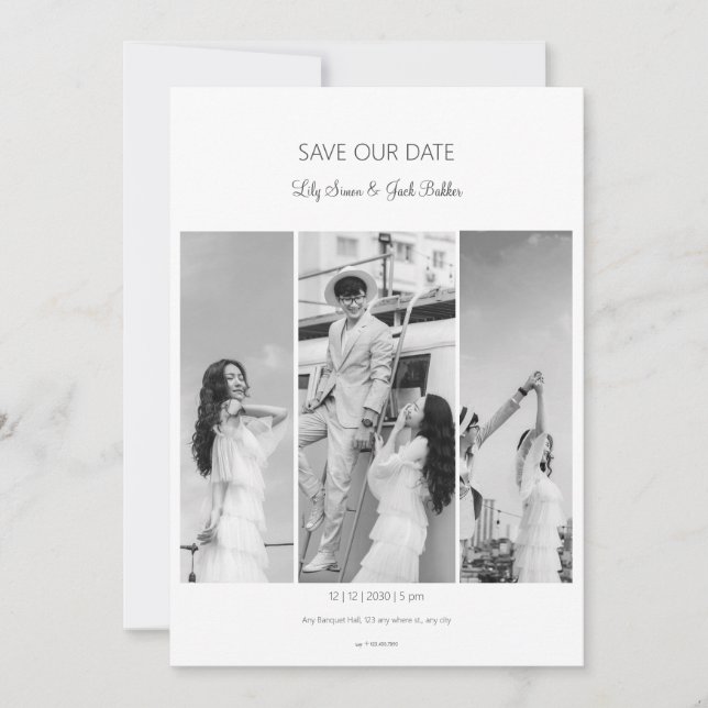 Spara datumet för fotokollage svart vitt bröllop inbjudningar (Framsida)