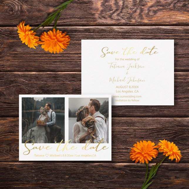 spara datumet för guld bröllop 2-fotokollage anteckningskort (Skapare uppladdad)