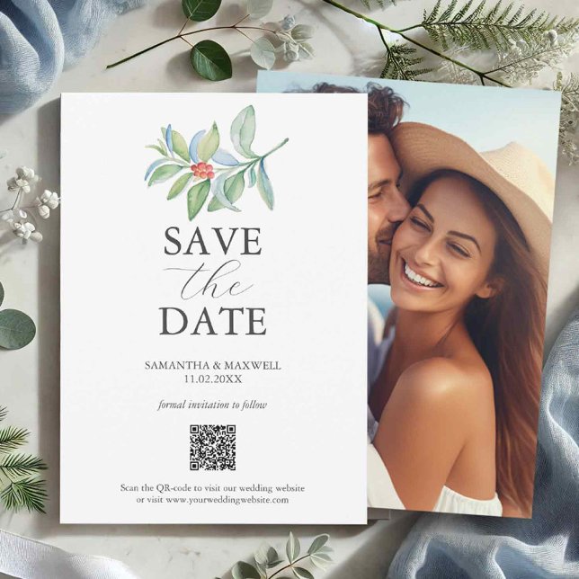 Spara datumet för Juli-QR-kod (Christmas wedding save the dates with photo and qr code holiday botanicals)
