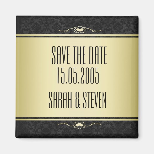 Spara datumet för Luxury Black/Guld Damask Magnet (Framsidan)