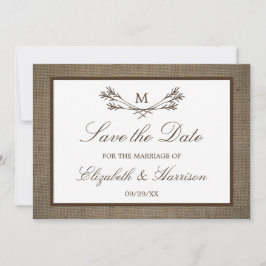 Spara datumet för Rustic Burlap Monogram Gren