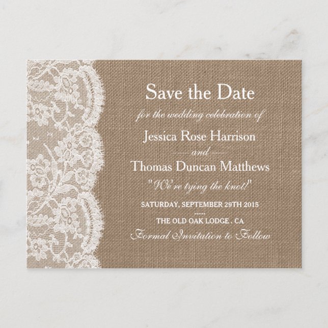 Spara datumet för samlingen Burlap & Snöre Bröllop Meddelande Vykort (Framsida)