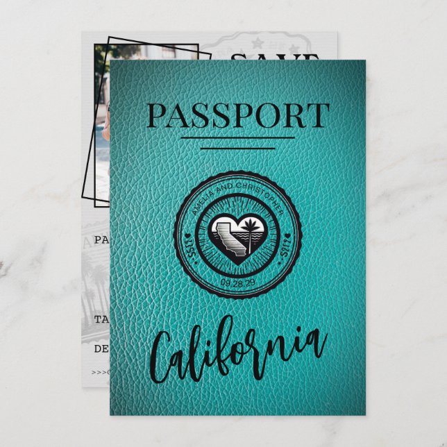 Spara datumet för Teal California Passport (Fram/baksida)