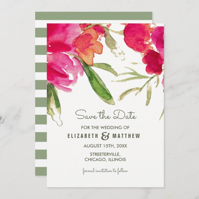 spara datumet. Fuchsia Grönt Blommigt Inbjudningar (Fram/baksida)