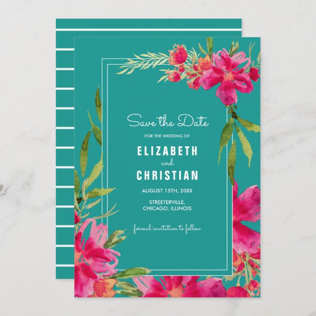 spara datumet. Fuchsia Turcos Blommigt Watercolor Inbjudningar (Fram/baksida)