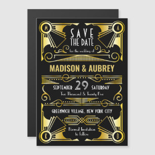 Spara datumet Gatsby Bröllop Art Deco Guld Black Magnetisk Inbjudningskort
