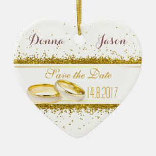 Spara datumet Guld Glitter Ringar - Hjärtdekoratio Julgransprydnad Keramik