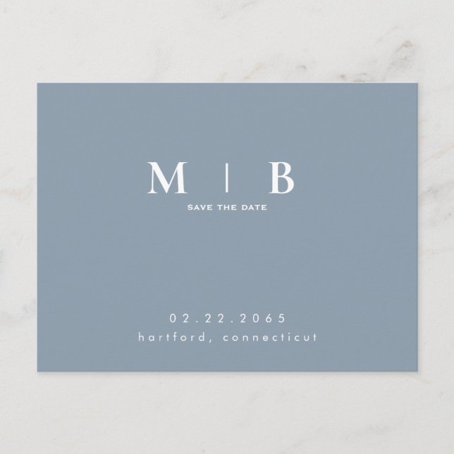 Spara datumet i Monogram enkelt Sleek Dusty Blue Vykort (Framsida)