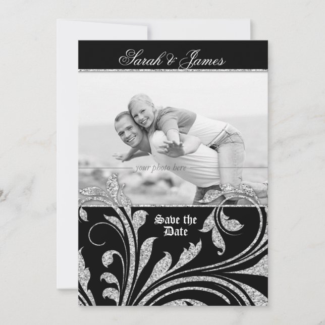 Spara datumet Inbjudan Glitter Löv Silver Elegant (Framsida)