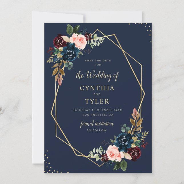 spara datumet med burgundi och marin blå geometri inbjudningar (Framsida)