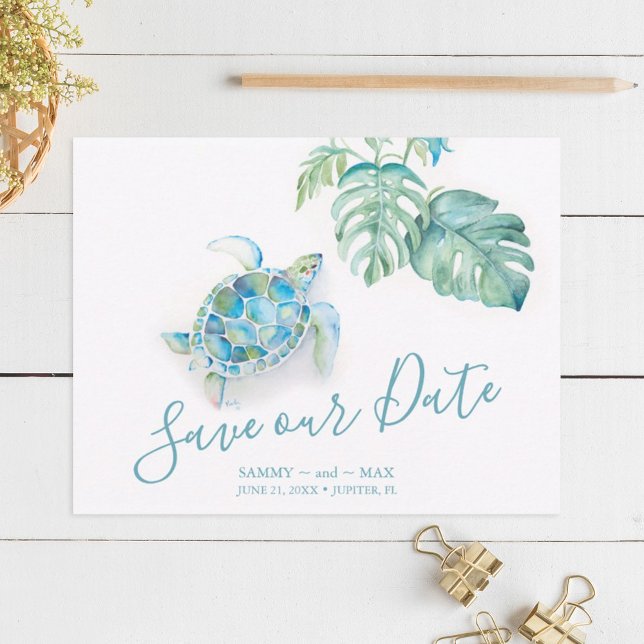 Spara datumet med vattenfärgssköldpadda (Destination save the date invitations watercolor sea turtle palm leaf art Victoria Grigaliunas)