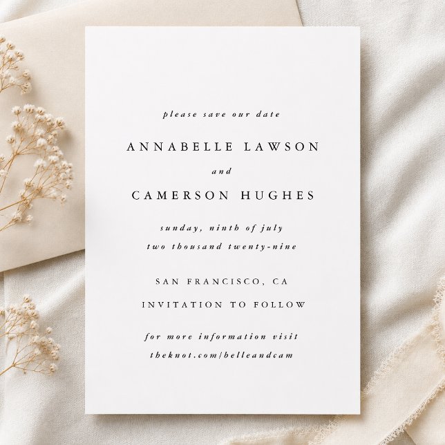 Spara datumet | Minimalistisk Enkel Elegant Bröllo (Classic wedding announcement cards with timeless serif styling and your custom event details)
