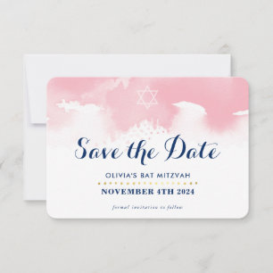 SPARA DATUMET MITZVAH modern stjärna rosa vattenfä Tack Kort