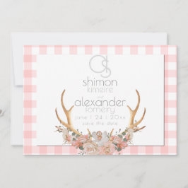 Spara datumet | Monogram Coral Gingham Blommigt BO