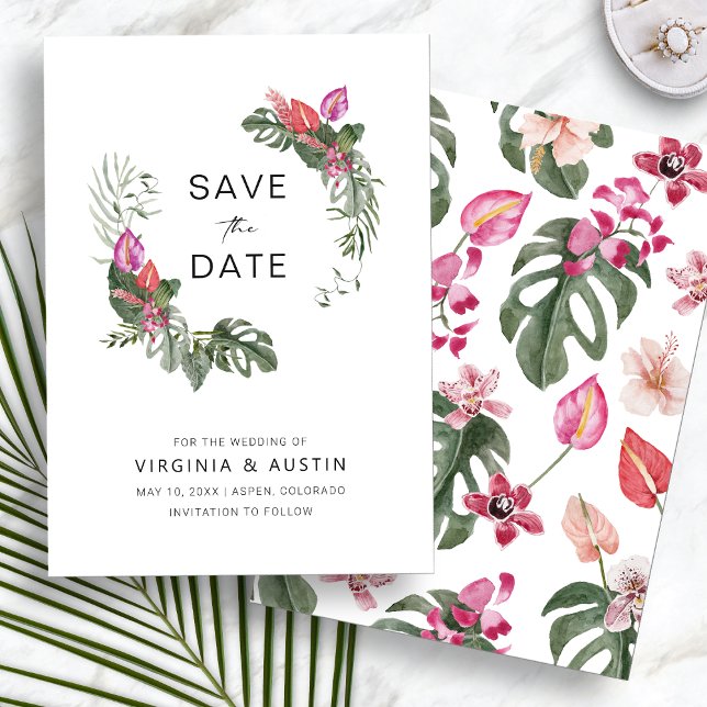 Spara datumet på ett tropiskt sätt inbjudningar (Tropical Floral Watercolor Save The Date Invitation by Painted Paperie
)