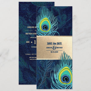 spara datumet. Peacock Feather Navy Blue Guld Inbjudningar