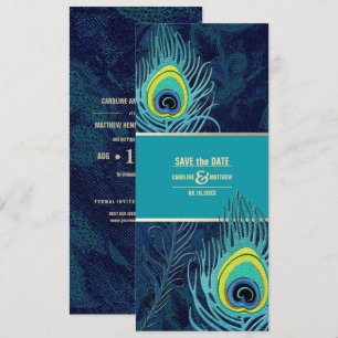 Spara datumet. Peacock Navy Blue Guld Bröllop Inbjudningar