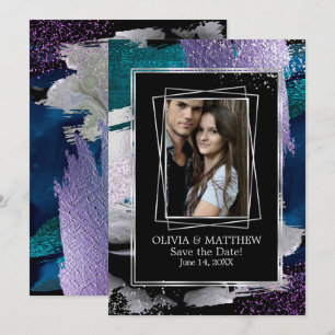 spara datumet   Photo Silver Teal Lilac Abstrakt Inbjudningar