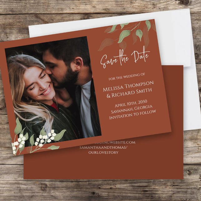 Spara datumet Photo Terracotta Greenery (An elegant terracotta photo save the date double sided card)