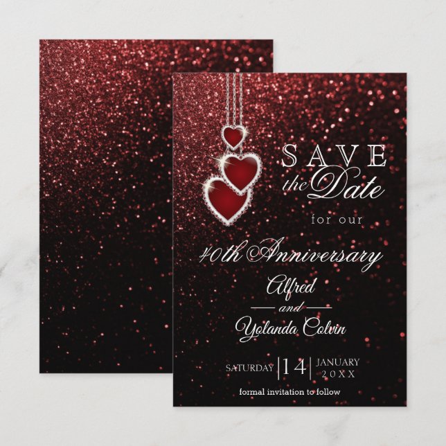 Spara datumet - Röd glitter-inbjudan Inbjudningar (Fram/baksida)