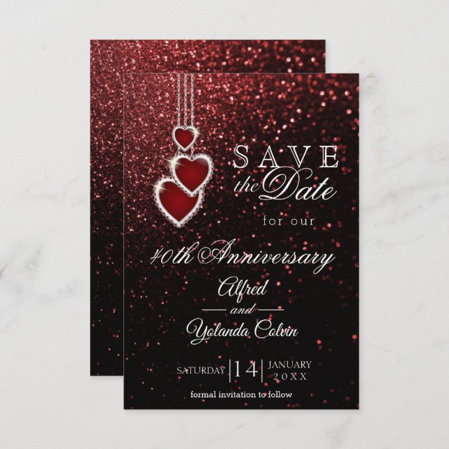 Spara datumet - Röda glitter  Inbjudan (Fram/baksida)