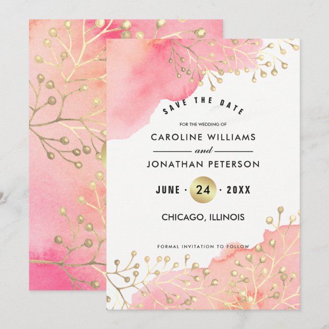 Spara datumet. Rosa Peach Botanias vattenfärg Datumet (Fram/baksida)