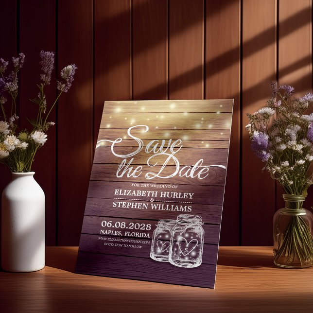 Spara datumet Rustic Wood Mason Burk String Ljus (Skapare uppladdad)