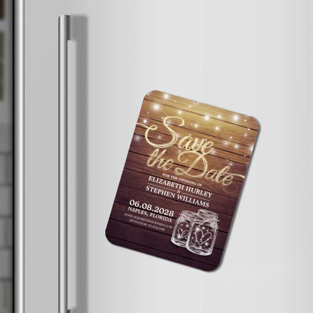 Spara datumet Rustic Wood Mason Burk String Ljus Magnet (Skapare uppladdad)