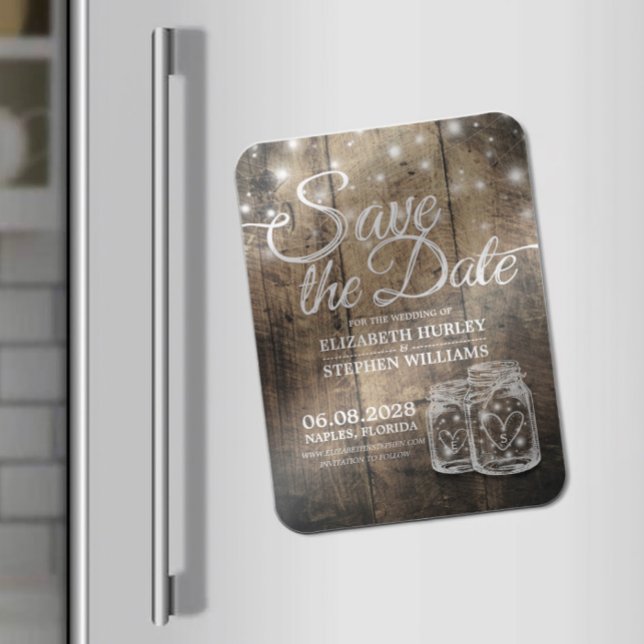 Spara datumet Rustic Wood Mason Burk String Ljus Magnet (Skapare uppladdad)