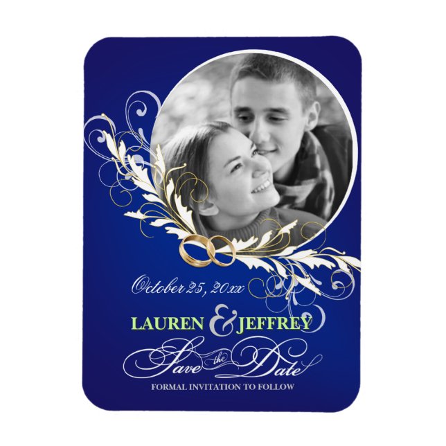 Spara datumet Sapphire Blue Bröllop-fotonätverk Magnet (Vertikal)