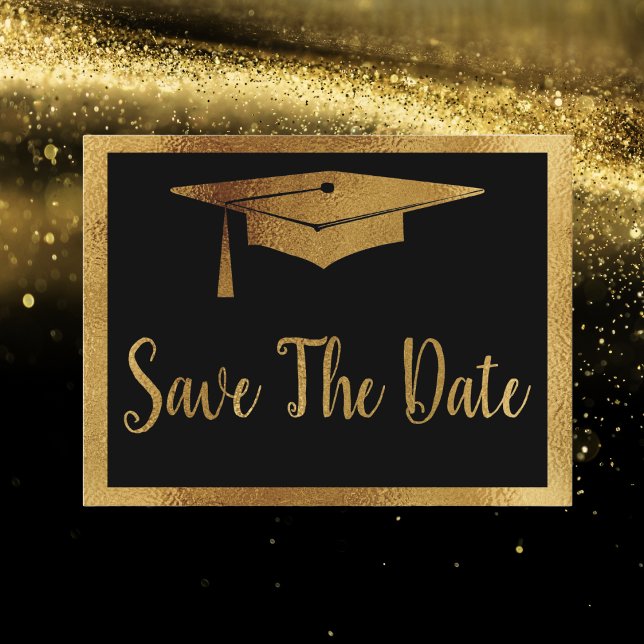 Spara datumet Studenten - Svarta och faux Guld Sti Meddelande Vykort (Black and Gold Graduation Save The Date Announcement Card)