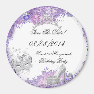 Spara datumet Sweet 16 maskerad Lila White 2 Magnet