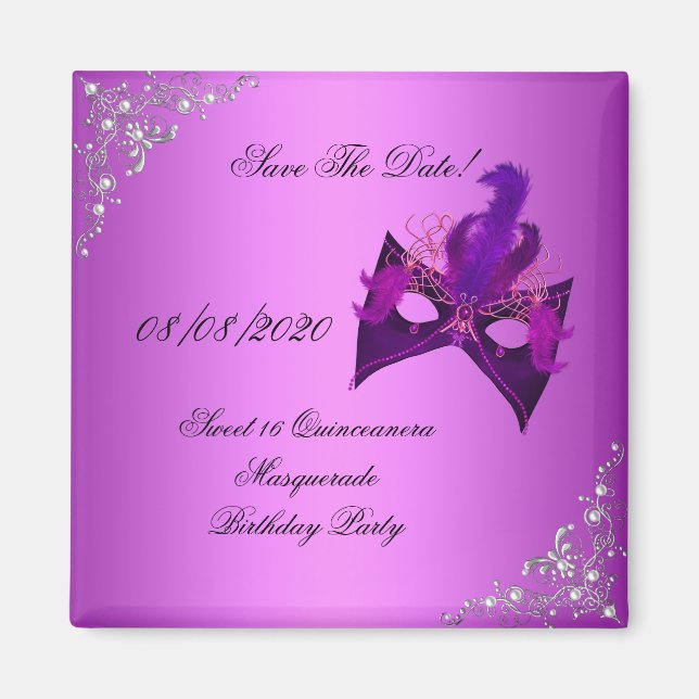 Spara datumet Sweet 16 Quinceanera maskerad rosa Magnet (Framsidan)
